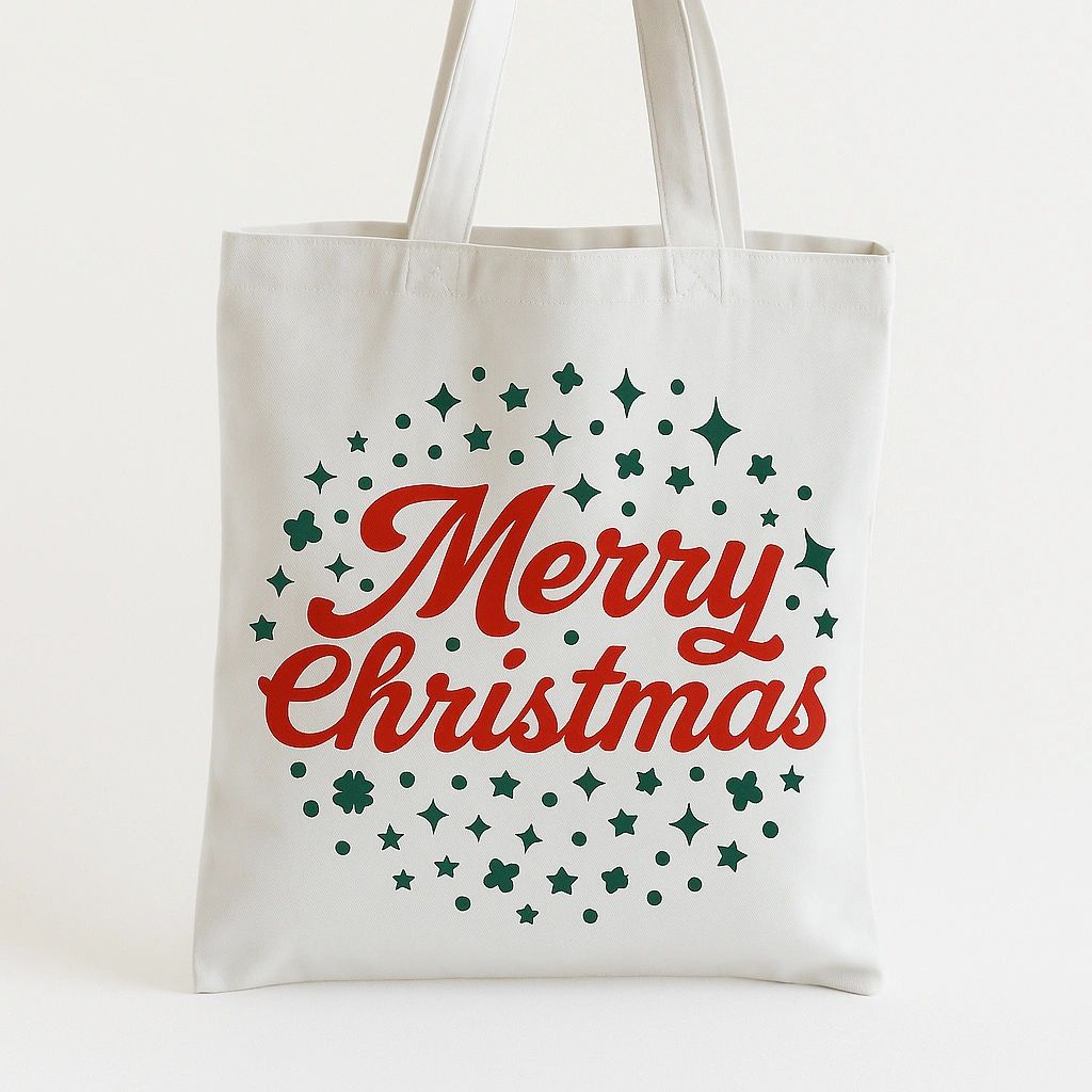 White Merry Christmas tote bag featuring festive red script lettering with green holiday accents, reusable shopping bag for Christmas gifts, holiday shopping, winter events, and seasonal everyday use.
