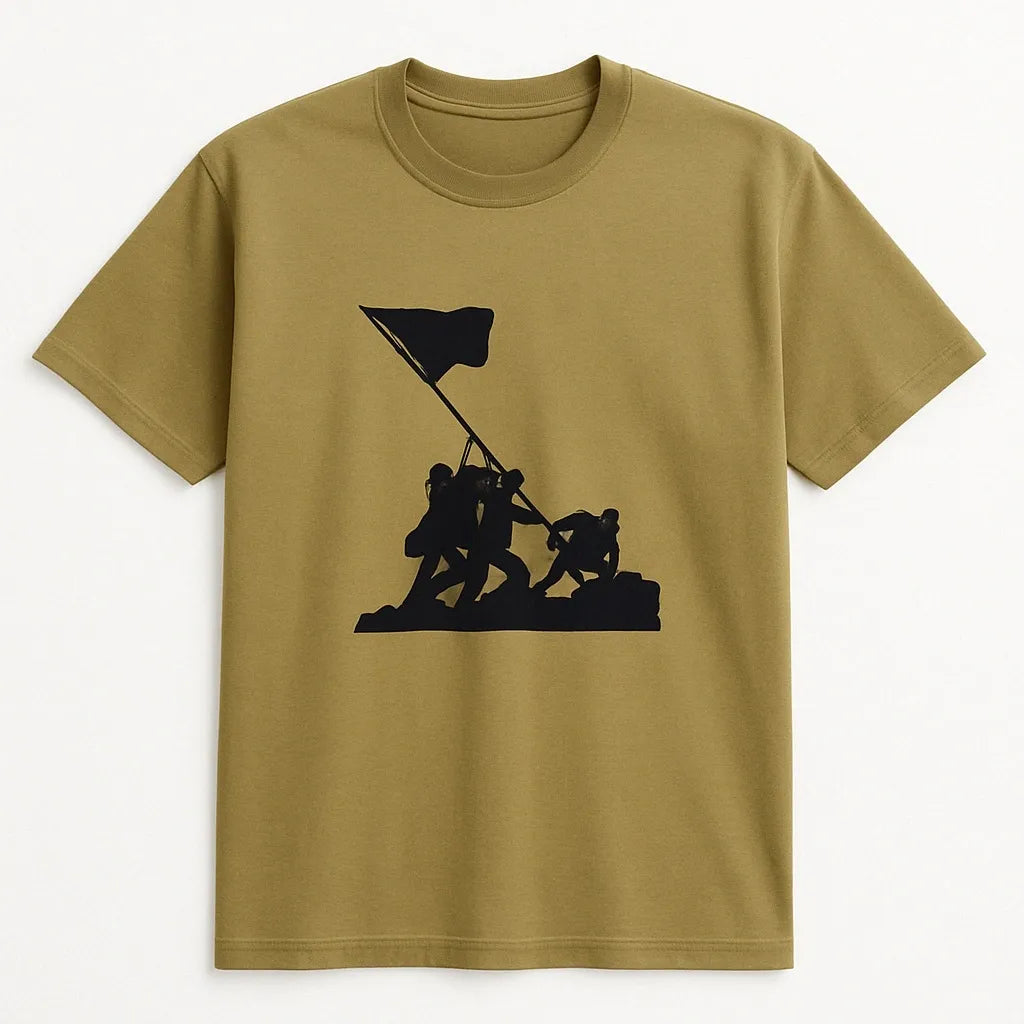 Olive green military silhouette graphic short sleeve t-shirt with minimalist soldier design, unisex casual streetwear tee for everyday fashion and tactical inspired style by LB AND SK DESIGN SHOP