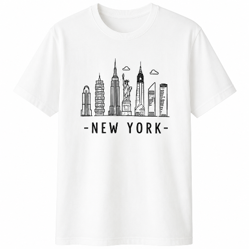 White unisex New York graphic T-shirt featuring a black NYC skyline with the Statue of Liberty and New York lettering.