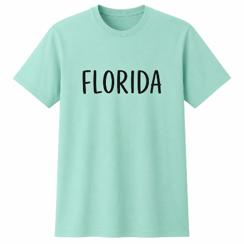 A mint green short-sleeve crewneck t-shirt with the word 'FLORIDA' printed in black across the chest, displayed on a solid white background.