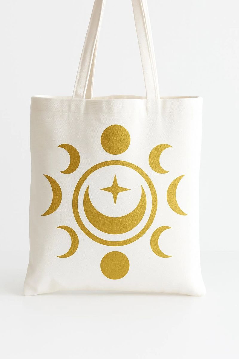 Moon phases celestial tote bag with golden lunar design and stars on reusable canvas shopping bag for spiritual style, books, errands, and everyday use.