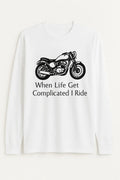 White motorcycle graphic long sleeve shirt with vintage biker illustration and quote design for casual streetwear fashion by LB AND SK DESIGN SHOP