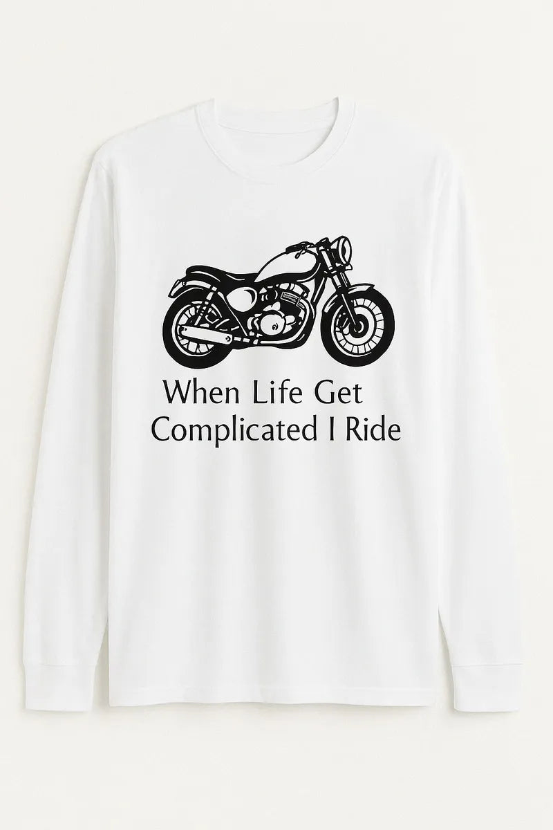 White motorcycle graphic long sleeve shirt with vintage biker illustration and quote design for casual streetwear fashion by LB AND SK DESIGN SHOP