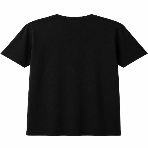 A plain black short-sleeve crewneck t-shirt shown from the back, photographed against a solid white background.
