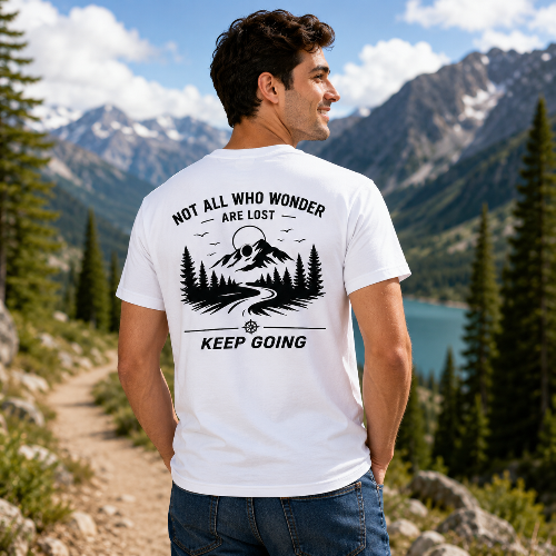 A man wearing a white graphic t-shirt with a black mountain and forest design and the text 'NOT ALL WHO WONDER ARE LOST' and 'KEEP GOING', standing outdoors in front of mountains and a lake.