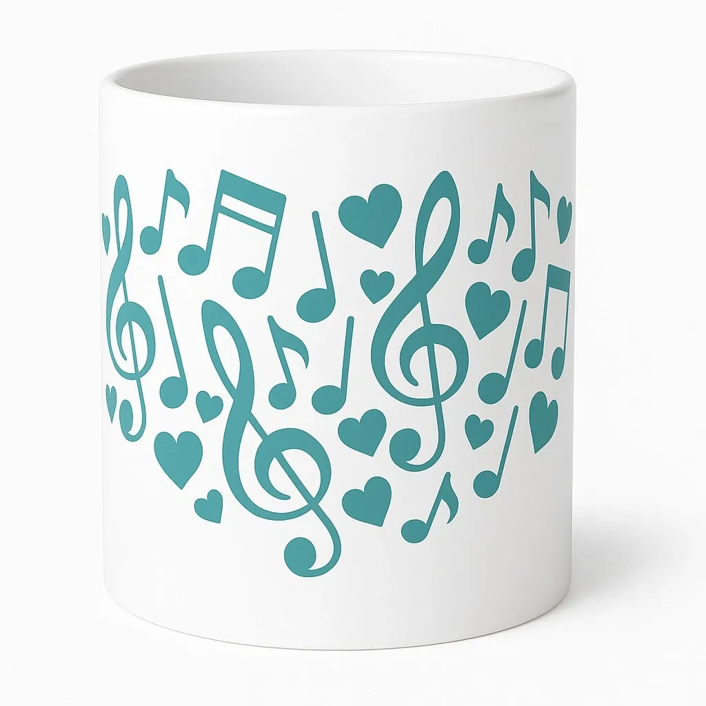 White ceramic mug featuring teal music notes, hearts, and treble clef design. Perfect gift for music lovers, musicians, singers, piano players, music teachers, choir members, and coffee or tea lovers. Ideal for home, office, studio, and everyday use.