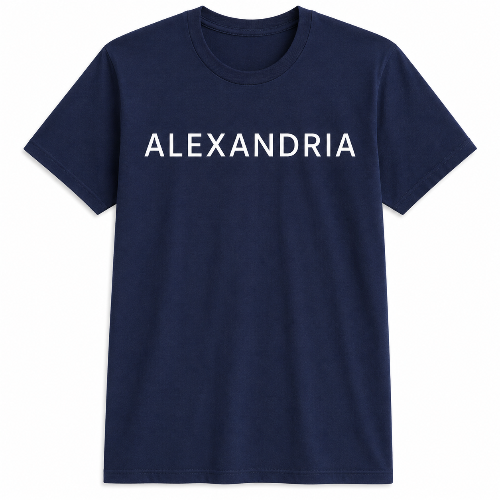 A navy blue short-sleeve crewneck t-shirt with the word 'ALEXANDRIA' printed in white capital letters across the chest, displayed on a clean white background.
