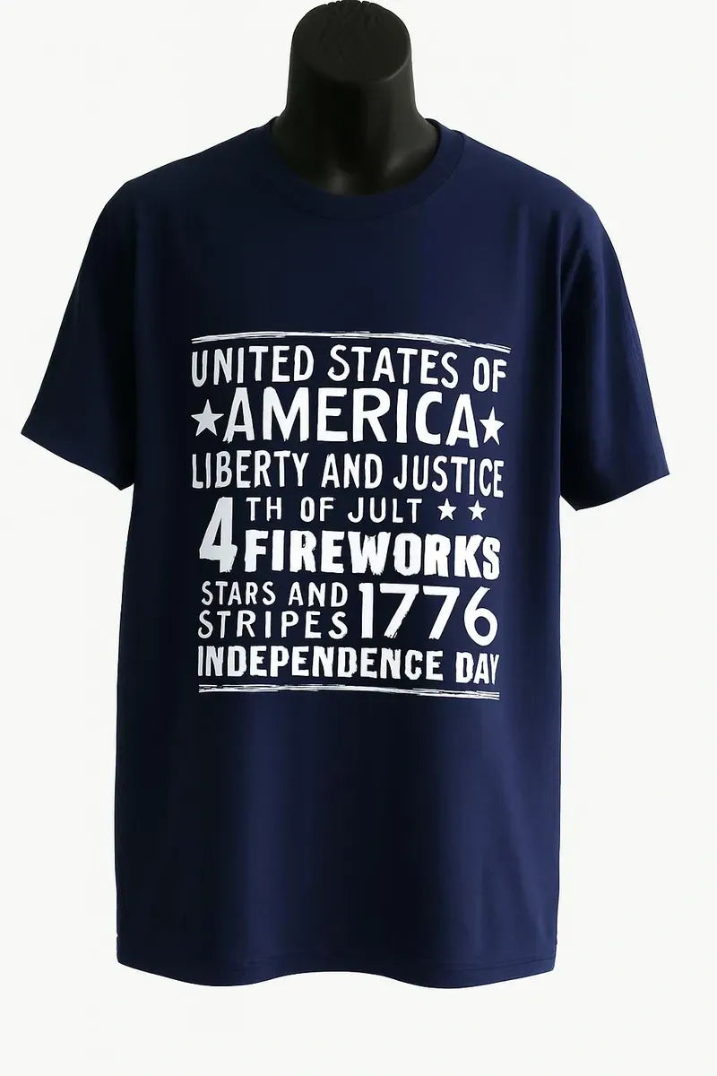 Navy blue graphic t shirt featuring a bold America patriotic typography design celebrating United States pride, freedom, Independence Day, and national heritage.