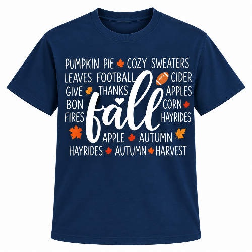 Navy blue Fall Season graphic T-shirt with white fall lettering, autumn leaves, football, and seasonal words.