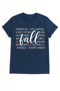 Navy graphic t shirt featuring a cozy fall season design with autumn themed typography and seasonal elements celebrating the beauty of autumn.