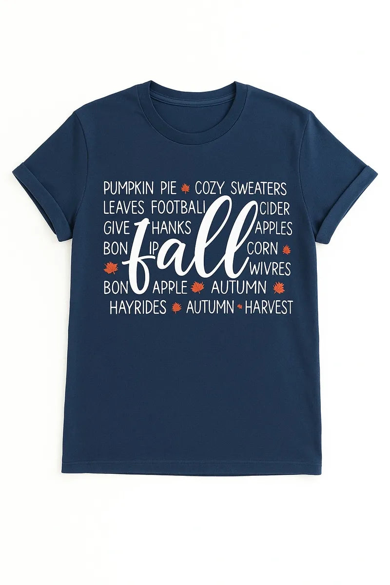 Navy graphic t shirt featuring a cozy fall season design with autumn themed typography and seasonal elements celebrating the beauty of autumn.