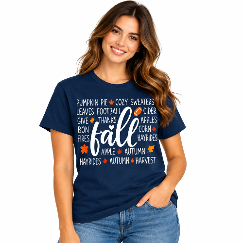 Woman wearing a navy Fall Season graphic T-shirt with white and orange autumn design.