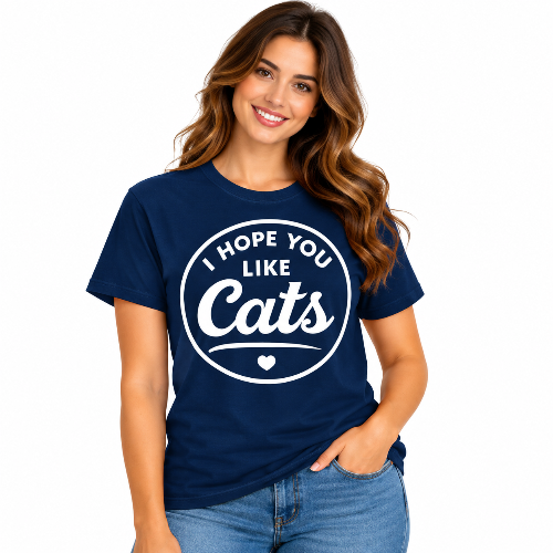 Woman wearing a navy I Hope You Like Cats graphic T-shirt with white lettering.
