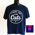 Navy blue graphic t shirt featuring the phrase I Hope You Like Cats in a bold vintage style design for cat lovers and pet enthusiasts.