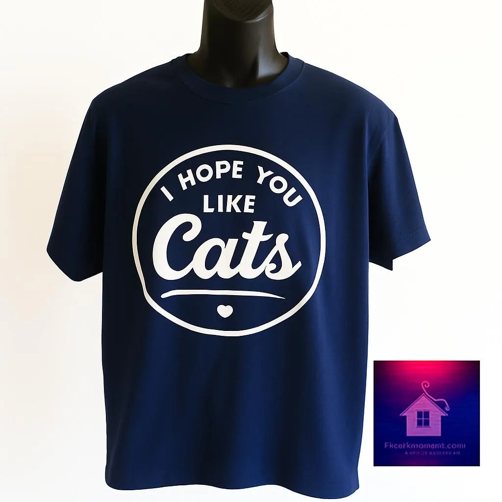 Navy blue graphic t shirt featuring the phrase I Hope You Like Cats in a bold vintage style design for cat lovers and pet enthusiasts.
