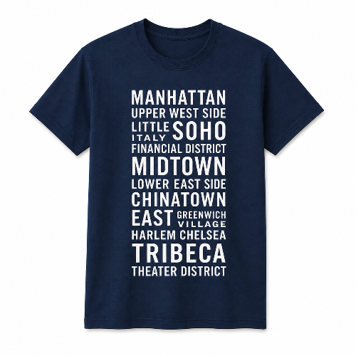 A navy blue short-sleeve t-shirt with a white graphic print listing various Manhattan and Midtown neighborhoods, including Manhattan, Soho, Chinatown, Tribeca, and Financial District, displayed on a clean white background.