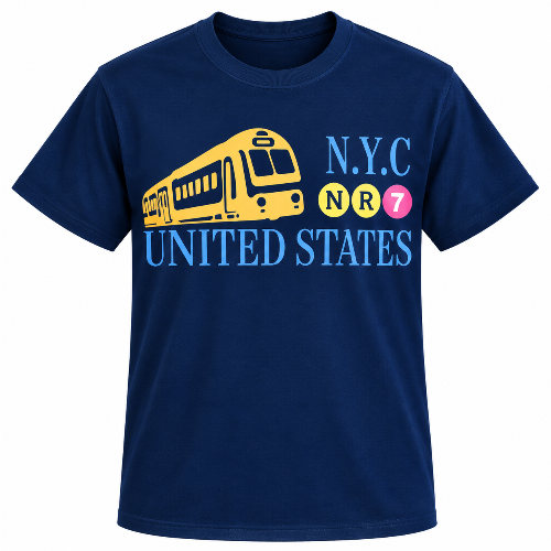 Navy NYC subway train graphic T-shirt with yellow train, NYC lettering, and colorful transit symbols.