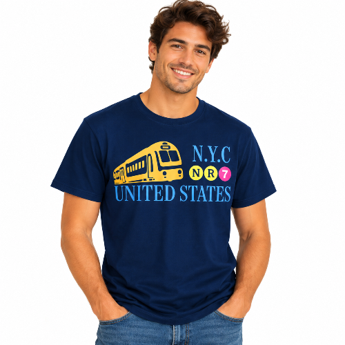 Man wearing a navy NYC subway train graphic T-shirt with yellow train and New York transit design.
