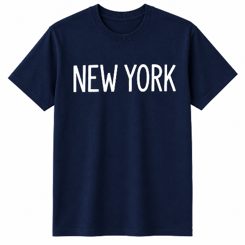 A navy blue short-sleeve crewneck t-shirt with the words 'NEW YORK' printed in bold white capital letters across the chest, shown against a plain white background.