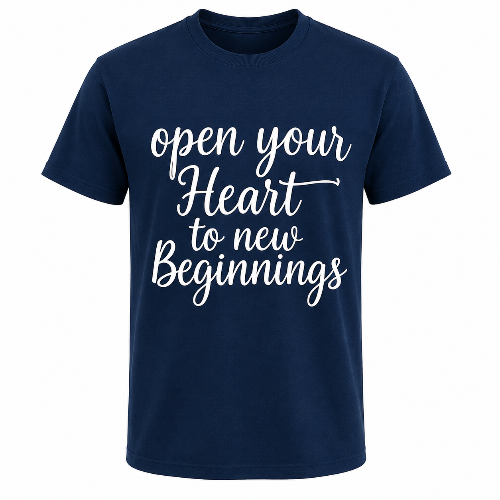 A navy blue short-sleeve crewneck t-shirt with white cursive text on the front reading 'open your Heart to new Beginnings', displayed on a clean white background.