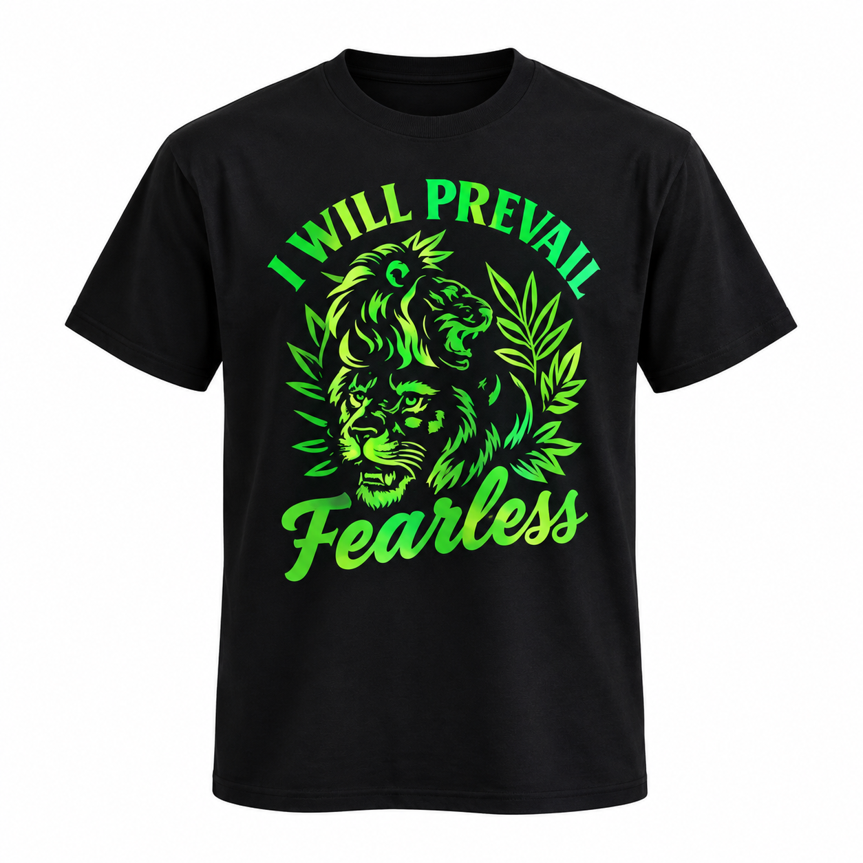 A black short-sleeve crewneck t-shirt featuring a vibrant neon green graphic of a lion's head surrounded by cannabis leaves, with the text 'I WILL PREVAIL' at the top and 'Fearless' at the bottom.