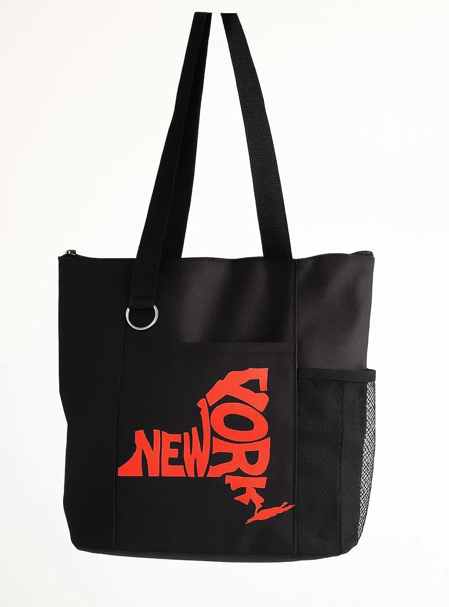 Black tote bag featuring a bold red New York city design. Stylish urban-inspired tote perfect for shopping, travel, work, school, books, groceries, and everyday essentials. Lightweight reusable shoulder bag with strong handles, designed for city lovers, travelers, New York enthusiasts, and anyone who enjoys modern metropolitan style.
