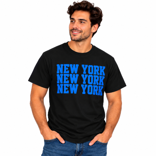 Man wearing a black New York graphic T-shirt with stacked blue New York lettering.