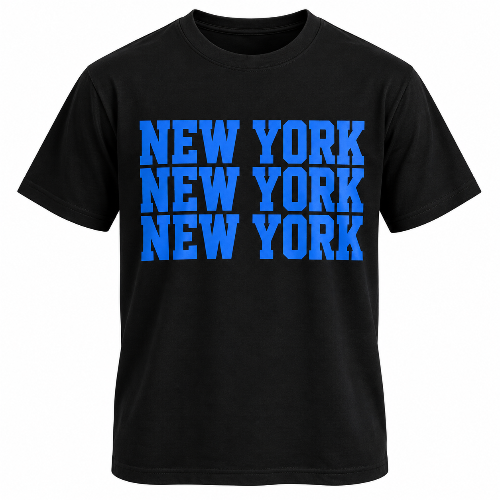 Black New York graphic T-shirt with three rows of bold blue New York lettering.