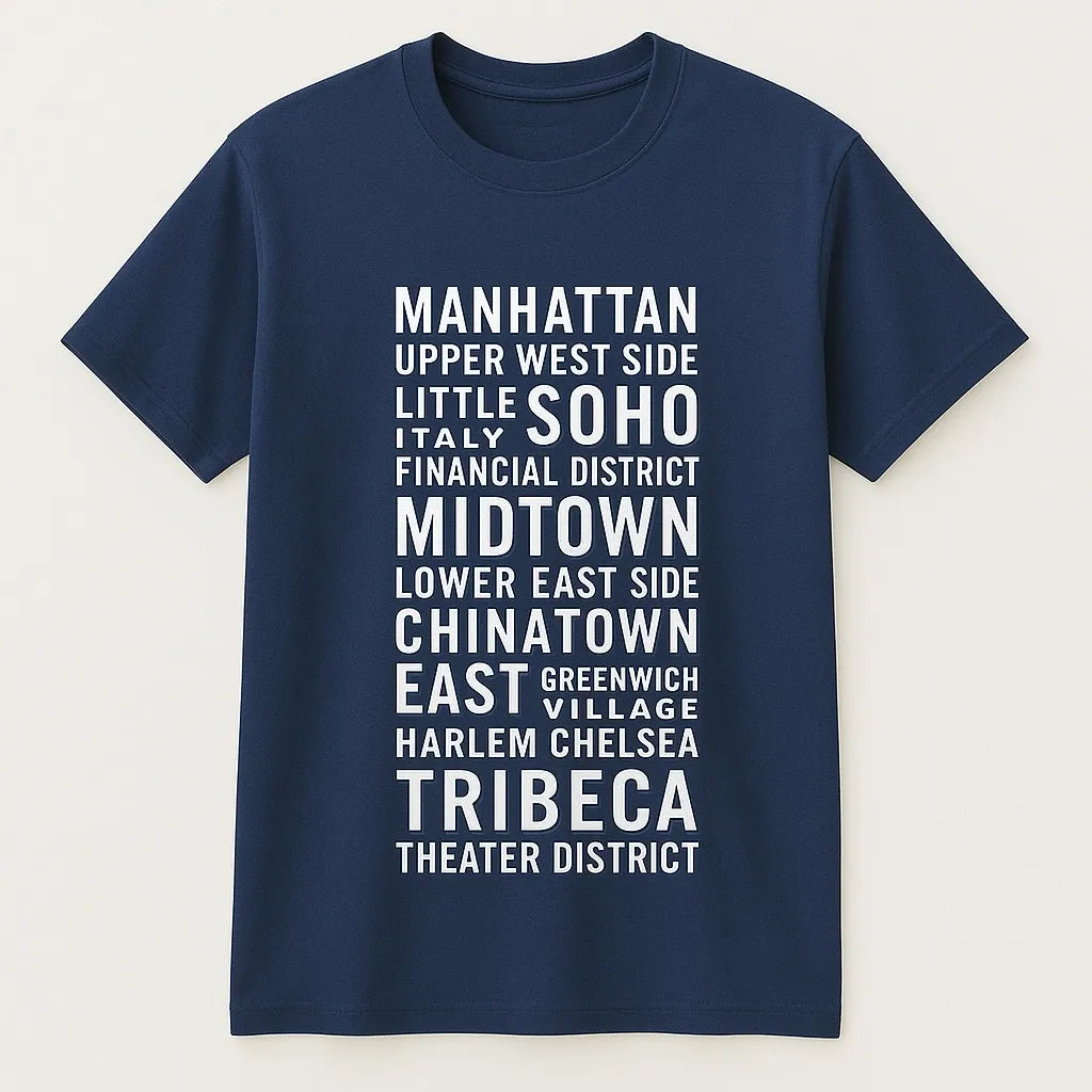 Navy blue graphic t-shirt featuring iconic New York City neighborhood names in white typography. Stylish NYC-inspired unisex shirt perfect for city lovers, travelers, urban fashion enthusiasts, and everyday casual wear.