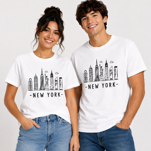Male and female models wearing matching white unisex New York graphic T-shirts featuring a black NYC skyline and Statue of Liberty.