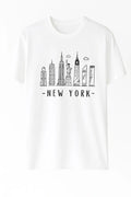 White graphic t-shirt featuring a detailed New York City skyline illustration with iconic skyscrapers and urban landmarks. Stylish NYC-inspired unisex shirt perfect for travelers, city lovers, tourists, and streetwear fashion enthusiasts.