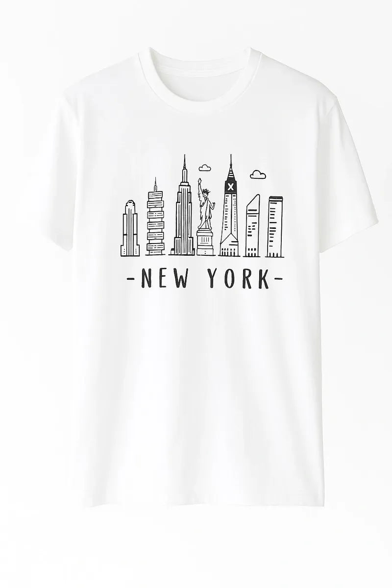 White graphic t-shirt featuring a detailed New York City skyline illustration with iconic skyscrapers and urban landmarks. Stylish NYC-inspired unisex shirt perfect for travelers, city lovers, tourists, and streetwear fashion enthusiasts.
