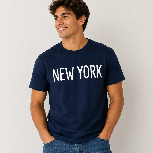 A man wearing a navy blue crewneck t-shirt with 'NEW YORK' printed in bold white letters across the chest, paired with blue jeans, set against a plain light gray background.