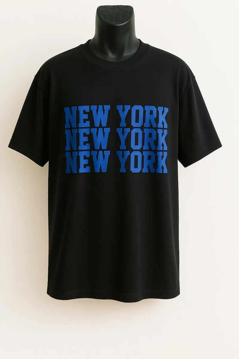 Black graphic t-shirt featuring stacked New York text in bold blue typography, urban-inspired unisex city graphic tee for everyday casual wear.