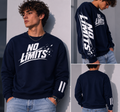 Navy blue unisex sweatshirt with bold white No Limits graphic text on front and sleeve, casual streetwear pullover modeled with jeans for everyday fashion and comfortable oversized fit
