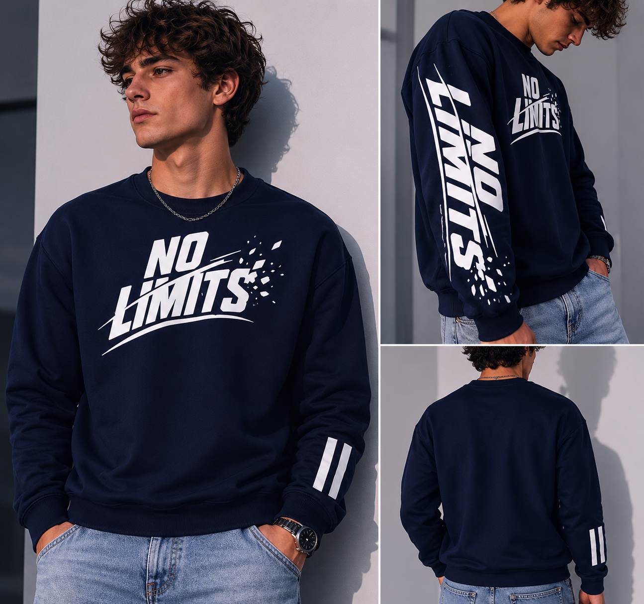 Navy blue unisex sweatshirt with bold white No Limits graphic text on front and sleeve, casual streetwear pullover modeled with jeans for everyday fashion and comfortable oversized fit