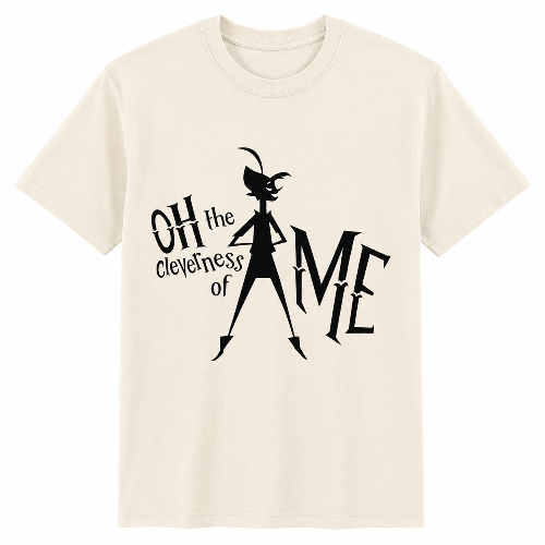 An off-white short-sleeve crewneck t-shirt featuring a black graphic print of the character Caliburn with the text 'Oh the cleytness of AME' on the front, displayed against a solid white background.