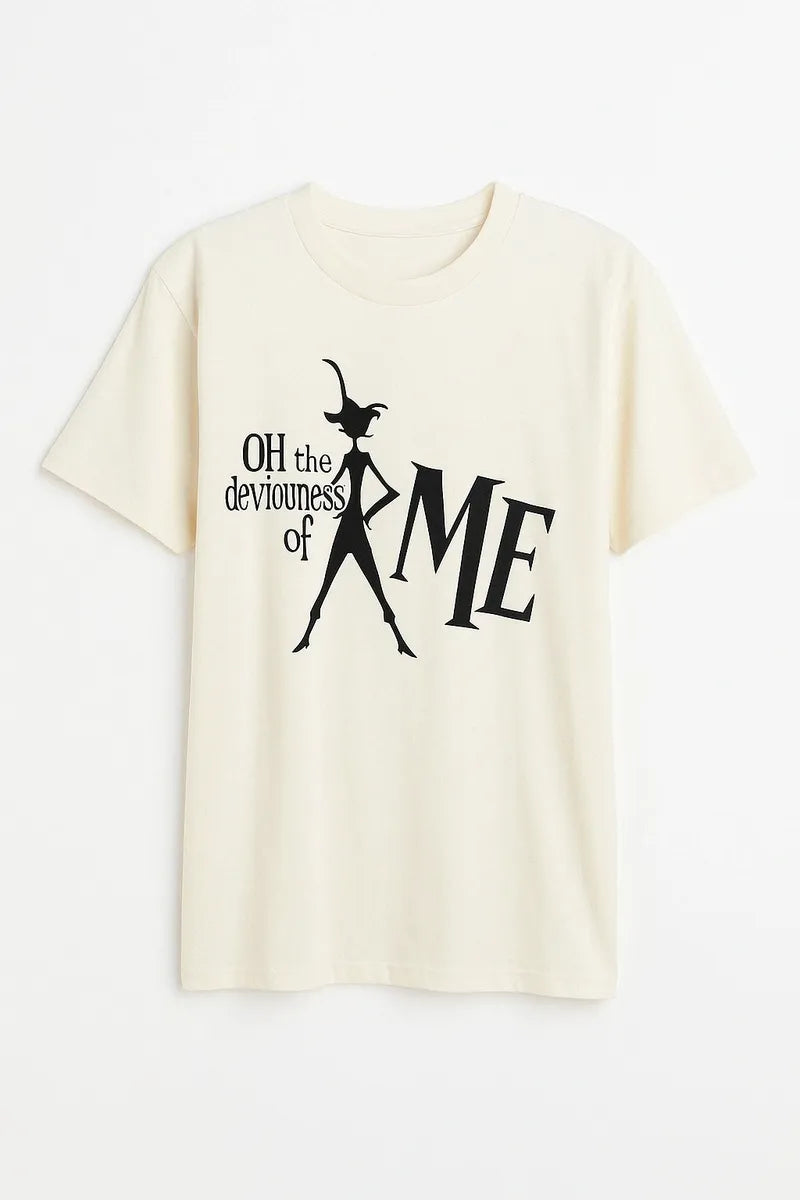 Cream unisex graphic t shirt featuring Oh The Deviousness Of Me typography design with artistic silhouette illustration in black print