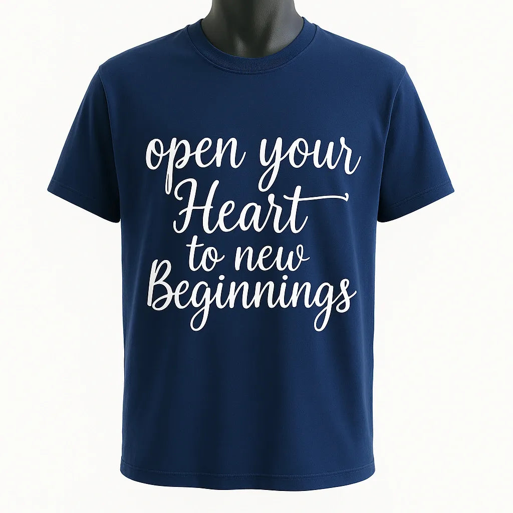 Navy blue graphic t-shirt featuring the inspirational quote "Open Your Heart to New Beginnings" in elegant white script lettering. Motivational unisex shirt perfect for personal growth, encouragement, positivity, everyday wear, gifting, and inspirational fashion.