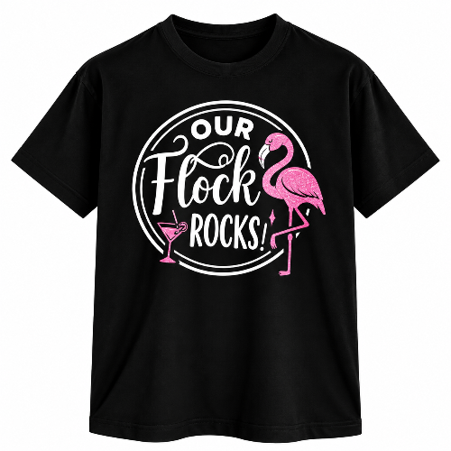 Black Our Flock Rocks graphic T-shirt with white lettering and pink flamingo design.