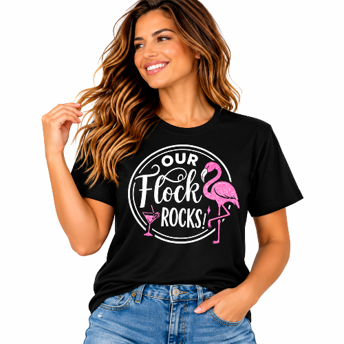 Our Flock Rocks black graphic T-shirt with pink flamingo design styled with blue jeans.