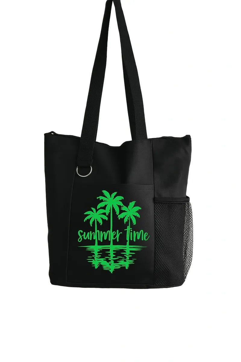 Black reusable tote bag with green palm tree graphic design, shoulder tote for beach trips, tropical vacations, shopping, travel, everyday carry, island lifestyle, and summer fashion accessories