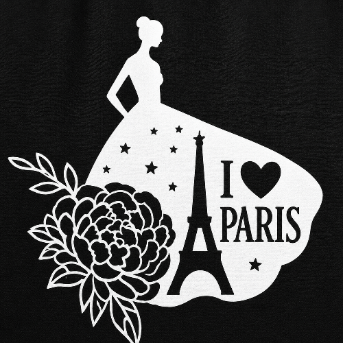 A black garment featuring a large white graphic print of a woman in a dress with the Eiffel Tower, stars, a flower, and the text 'I ❤️ PARIS'.