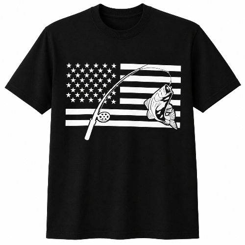 A black short-sleeve crewneck t-shirt featuring a white graphic print of an American flag with a fishing rod and a fish jumping out of the water.