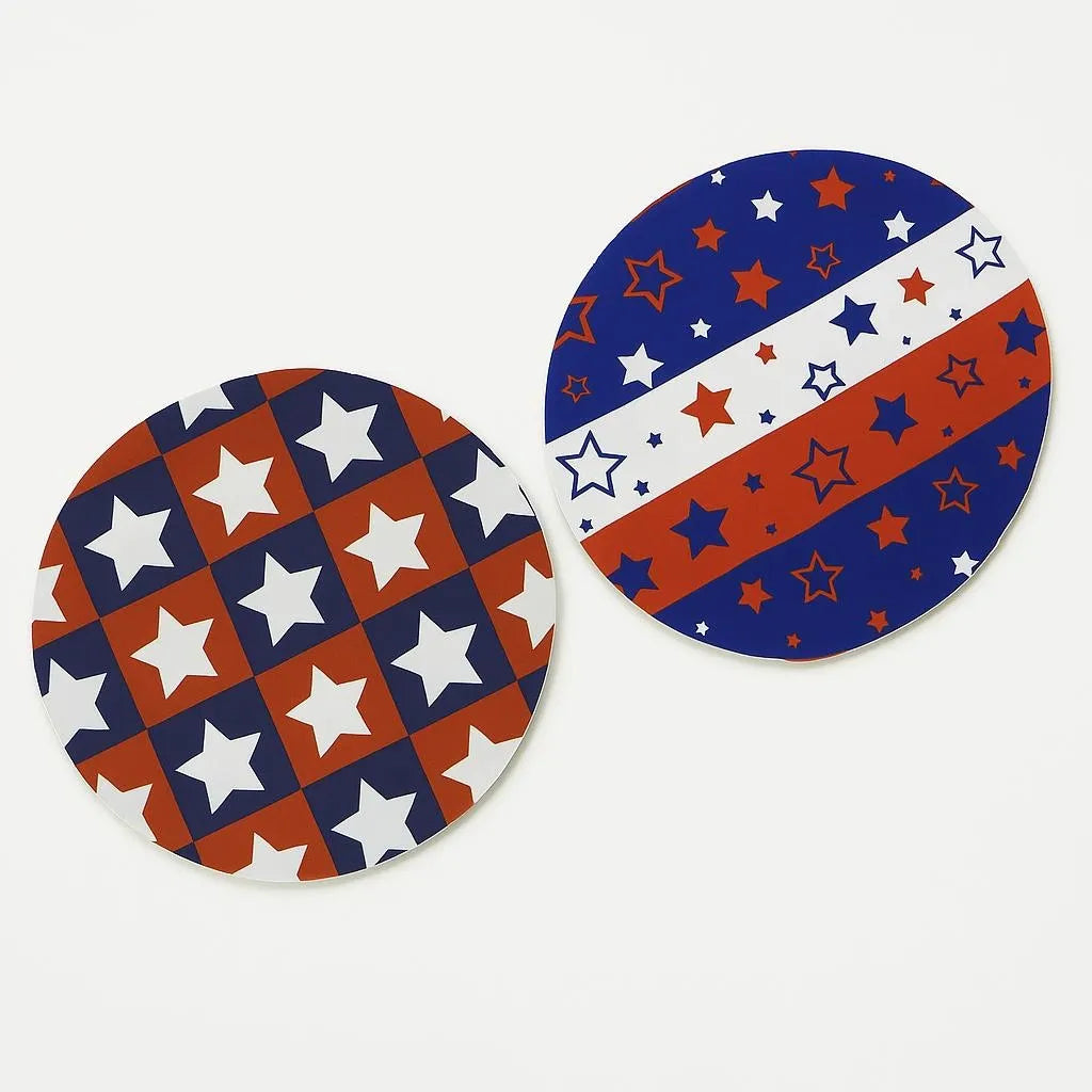 Patriotic red, white, and blue coaster featuring stars and stripe patterns inspired by American pride. Perfect for Fourth of July celebrations, BBQs, parties, and patriotic home decor.