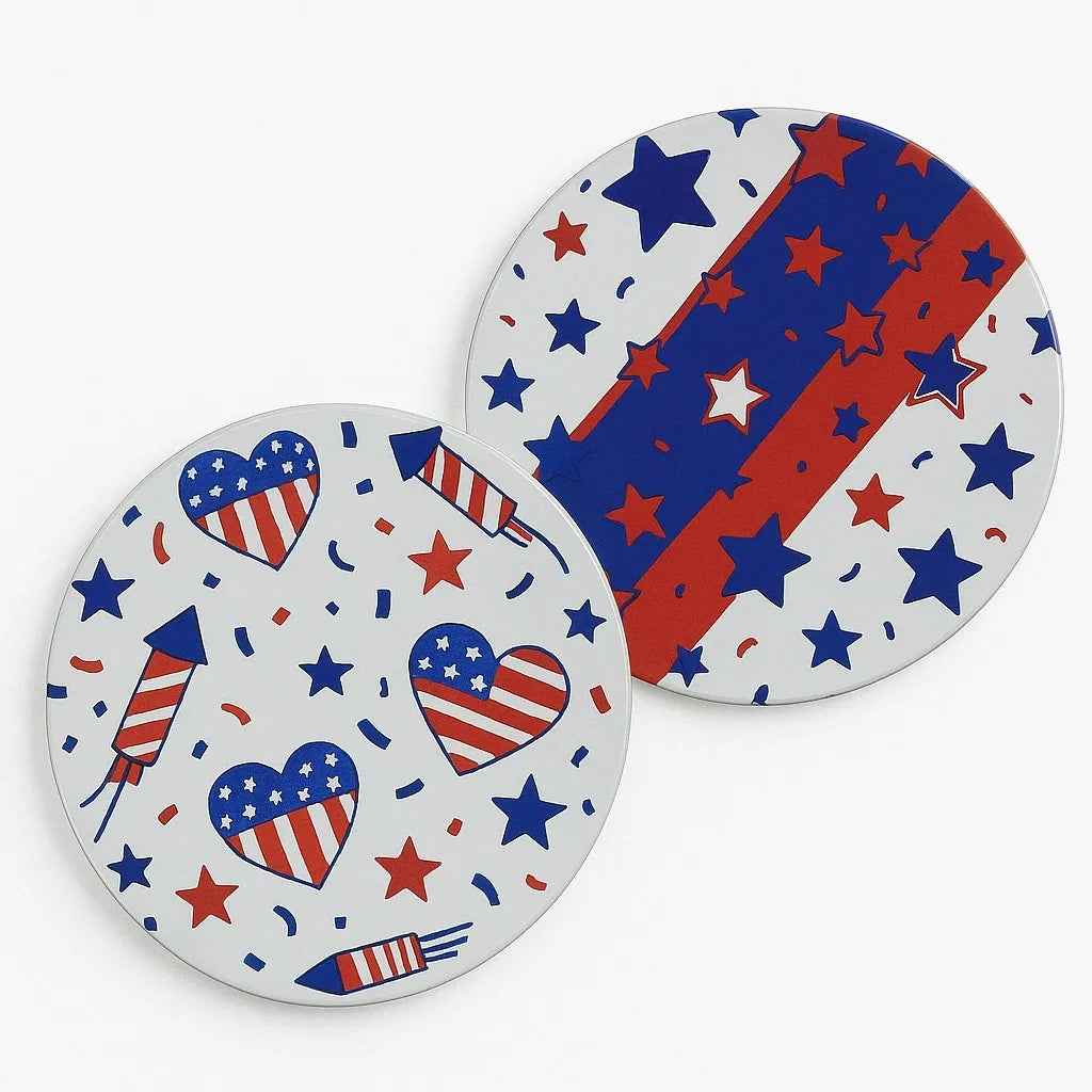 Patriotic red white and blue coaster set with American flag, stars, stripes, and Fourth of July themed round drink coasters for USA holiday table decor.