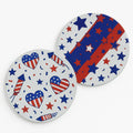 Patriotic red white and blue coaster set with American flag, stars, stripes, and Fourth of July themed round drink coasters for USA holiday table decor.