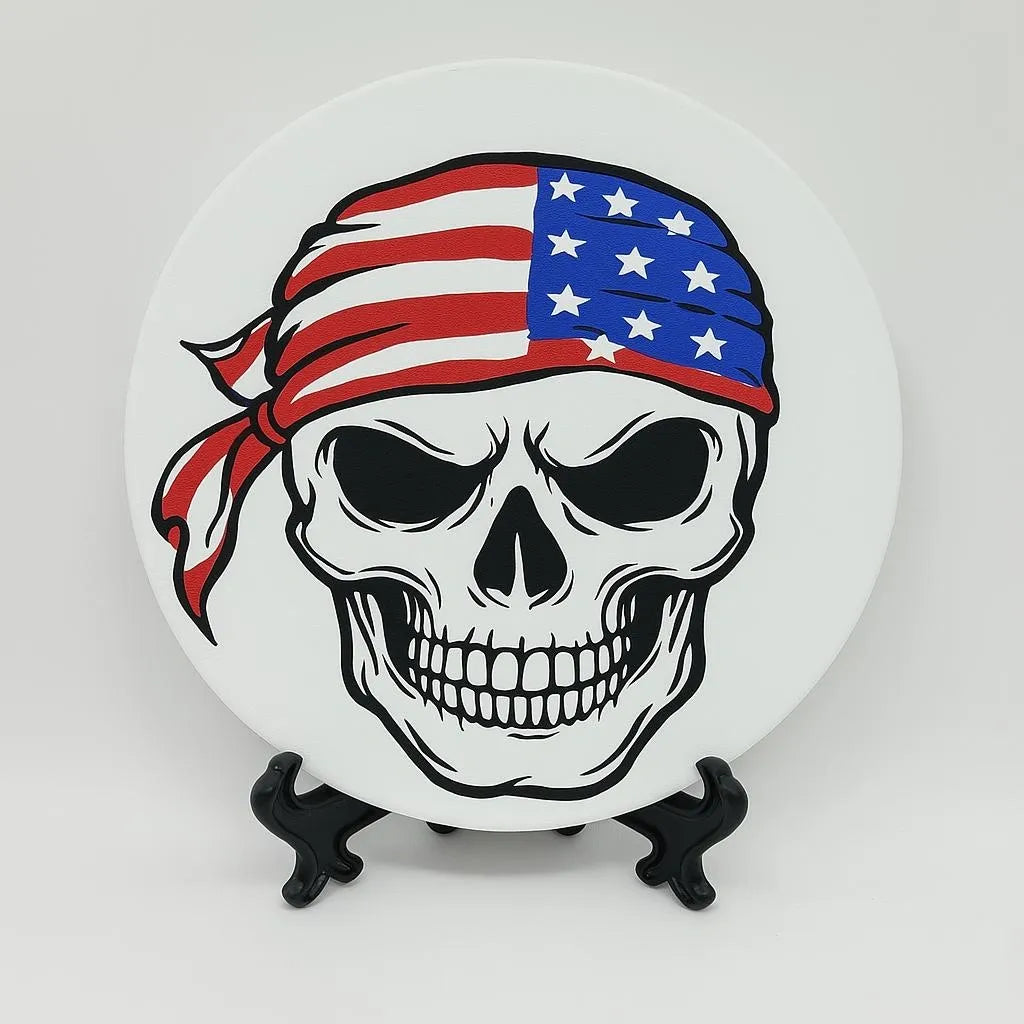 Patriotic coaster featuring a detailed skull wearing a red, white, and blue American flag bandana on a white background.