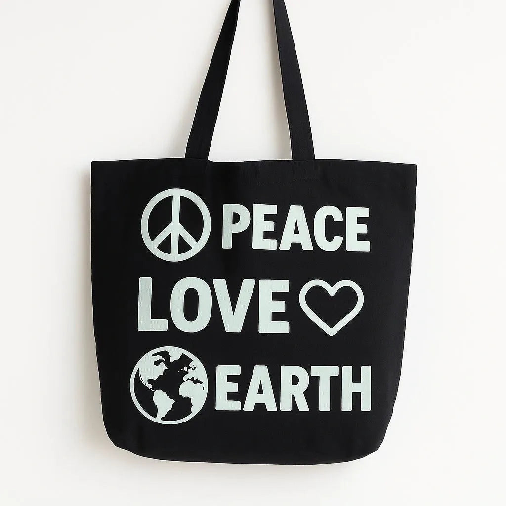 Black cotton tote bag with Peace Love Earth white graphic design featuring peace sign heart and globe symbols, reusable shoulder tote for shopping, travel, school, eco-friendly lifestyle, everyday carry, and sustainable fashion accessories