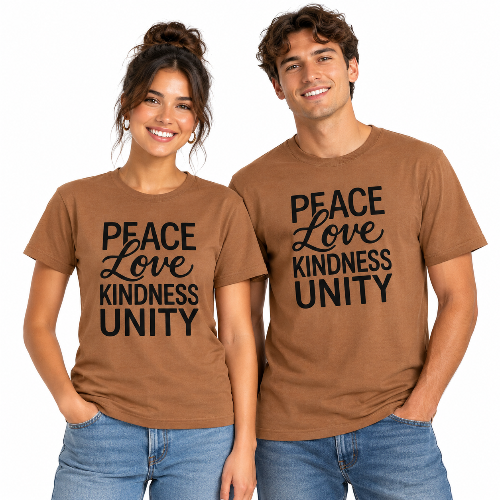 A man and a woman standing side by side wearing matching brown t-shirts with the text 'PEACE Love KINDNESS UNITY' printed in black on the front, set against a plain white background.